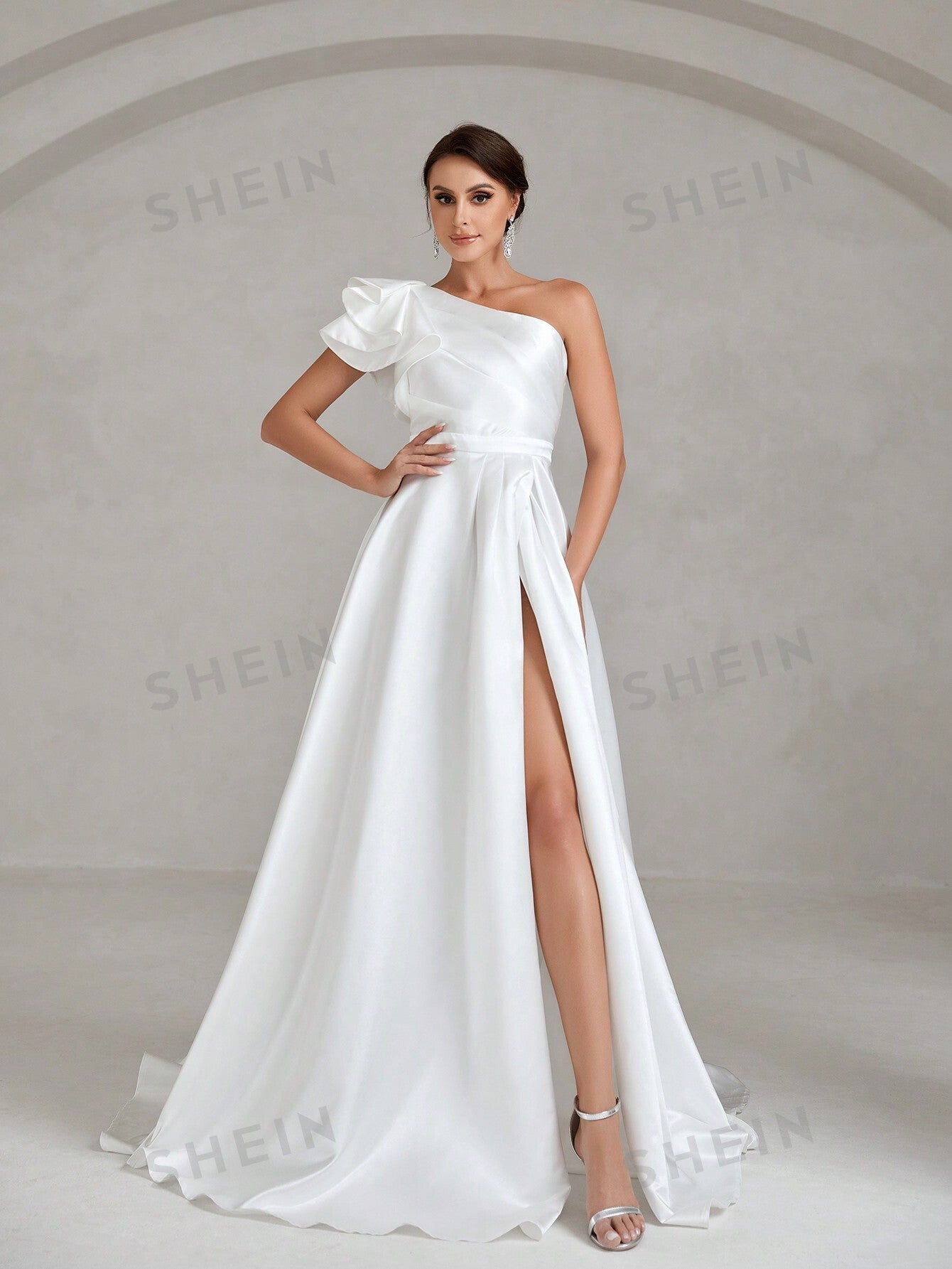 One Shoulder Ruffle Trim Split Thigh Satin Wedding Dress