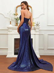 Belle Metallic Shiny Fabric, Gathered Details, Mesh And Translucent Side-draping Floor-length Women's Evening Dress