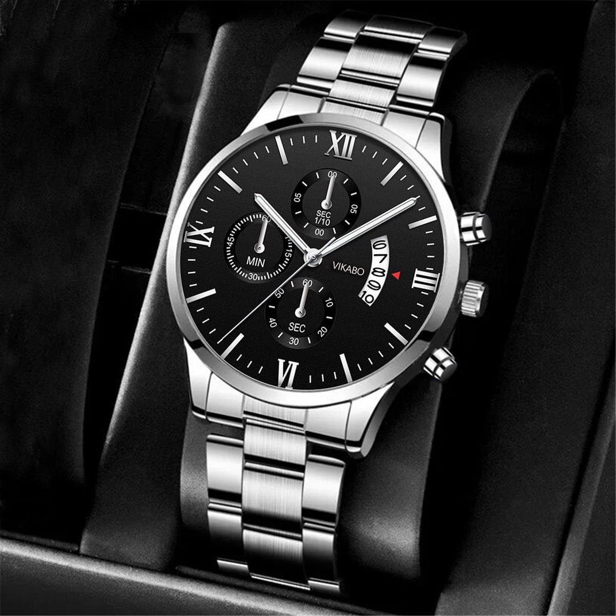 2pcs Luxury Men's Bracelet Watch Set, Men's Fashionable Calendar Business Stainless Steel Strap Quartz Watch & Chain Bracelet