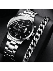 2pcs Luxury Men's Bracelet Watch Set, Men's Fashionable Calendar Business Stainless Steel Strap Quartz Watch & Chain Bracelet