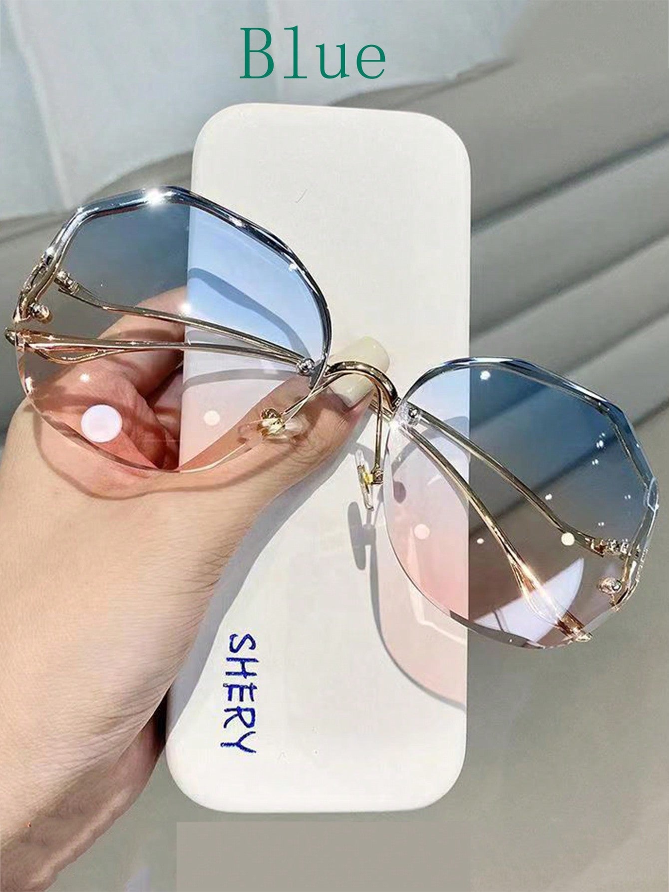 1pc Women's Rimless Irregular Edges Gradient Lens Sunglasses, Trendy Fashion Accessory For Street Photography