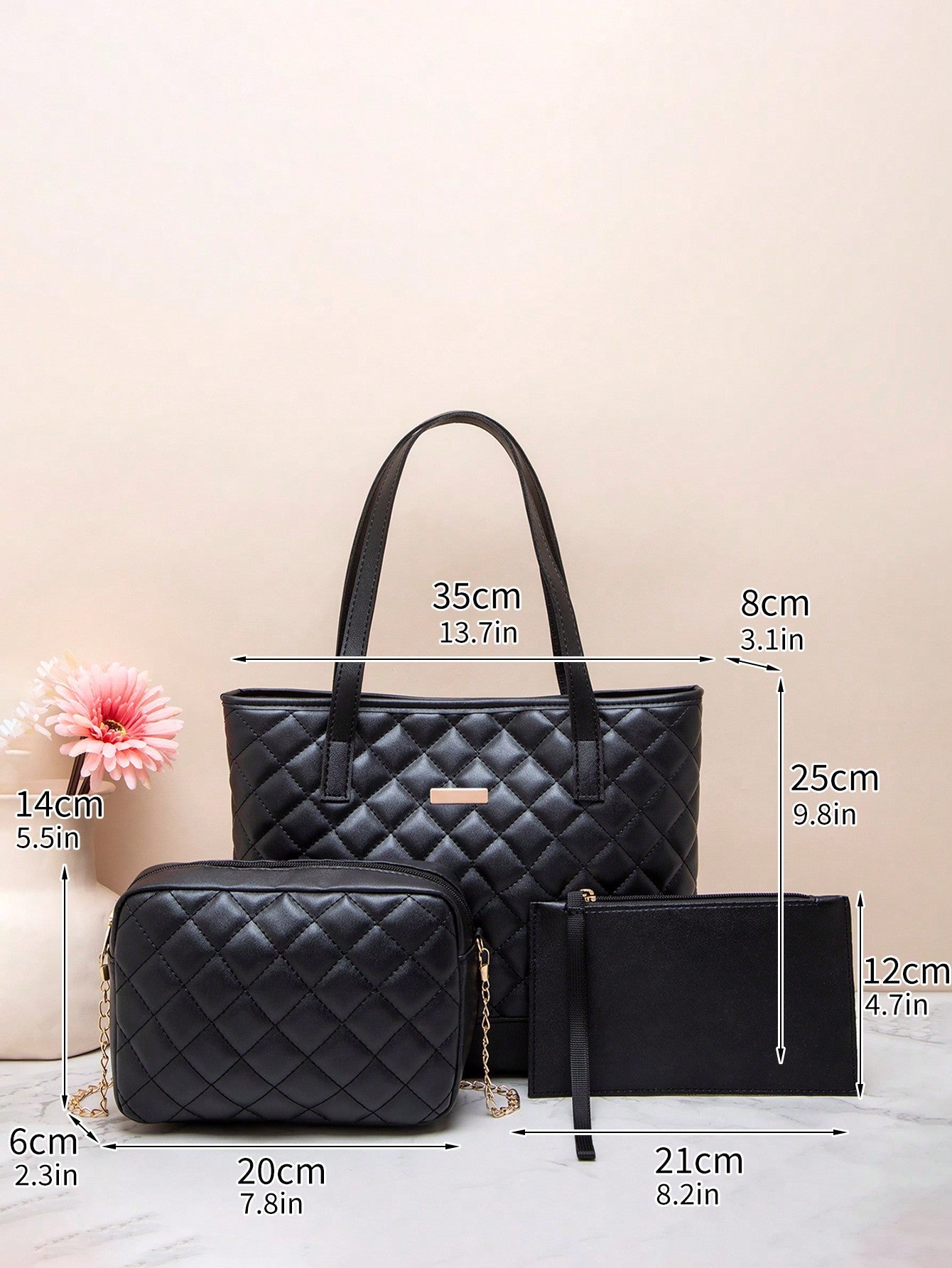 3pcs Quilted Metal Decor Shoulder Tote Bag Set, Best Work Bag For Women