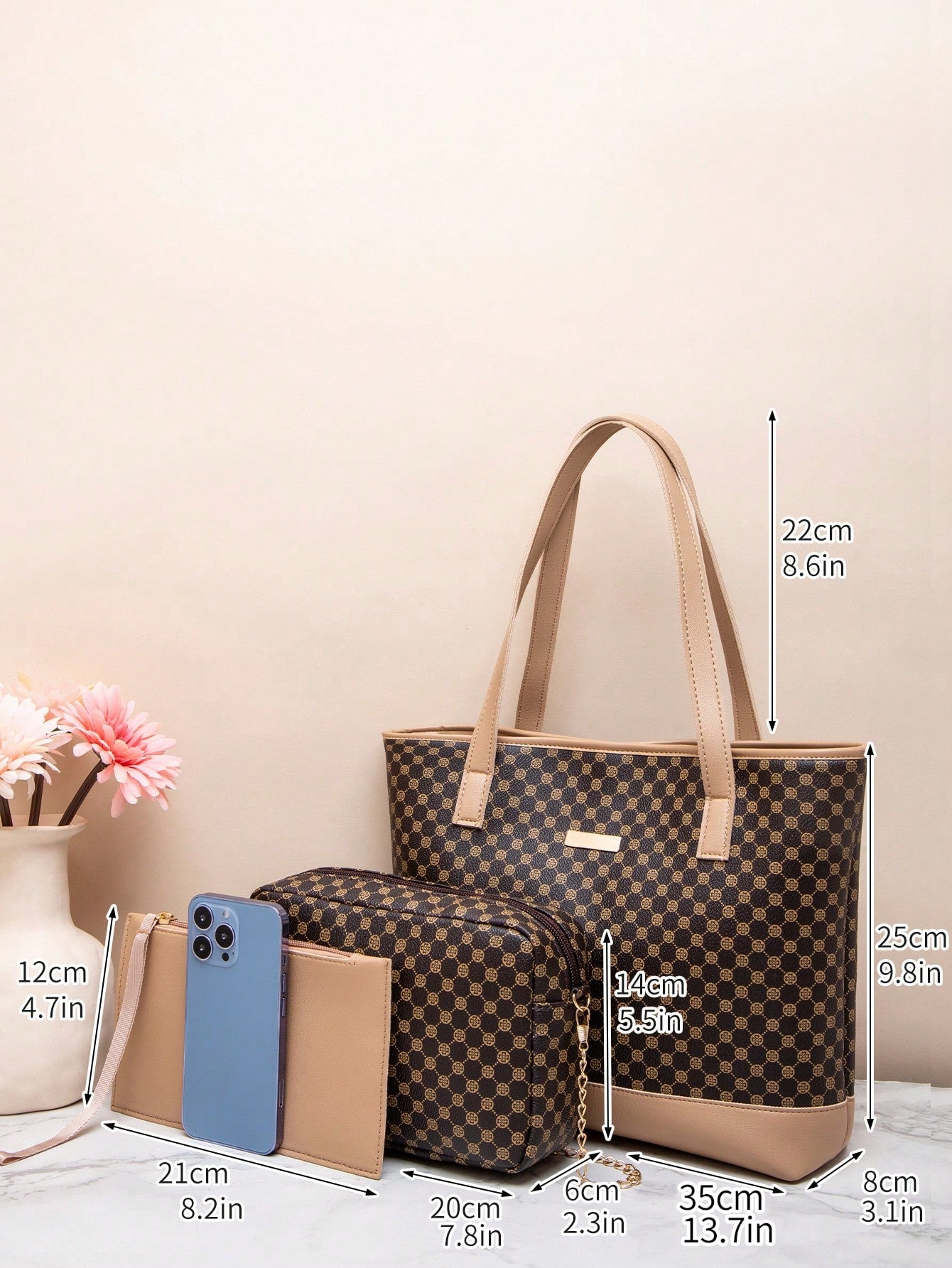 3pcs Quilted Metal Decor Shoulder Tote Bag Set, Best Work Bag For Women