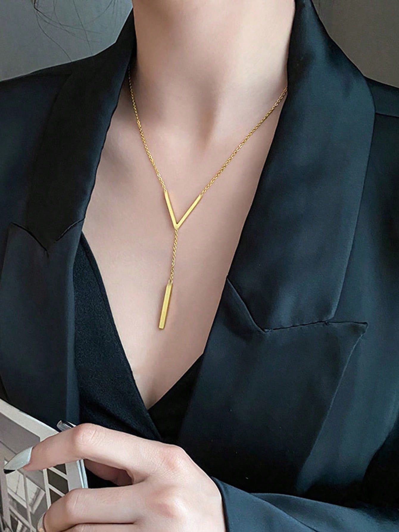 1pc V-shape Bar Pendant Minimalist Necklace For Women, Unique Sweater Chain For Collarbone