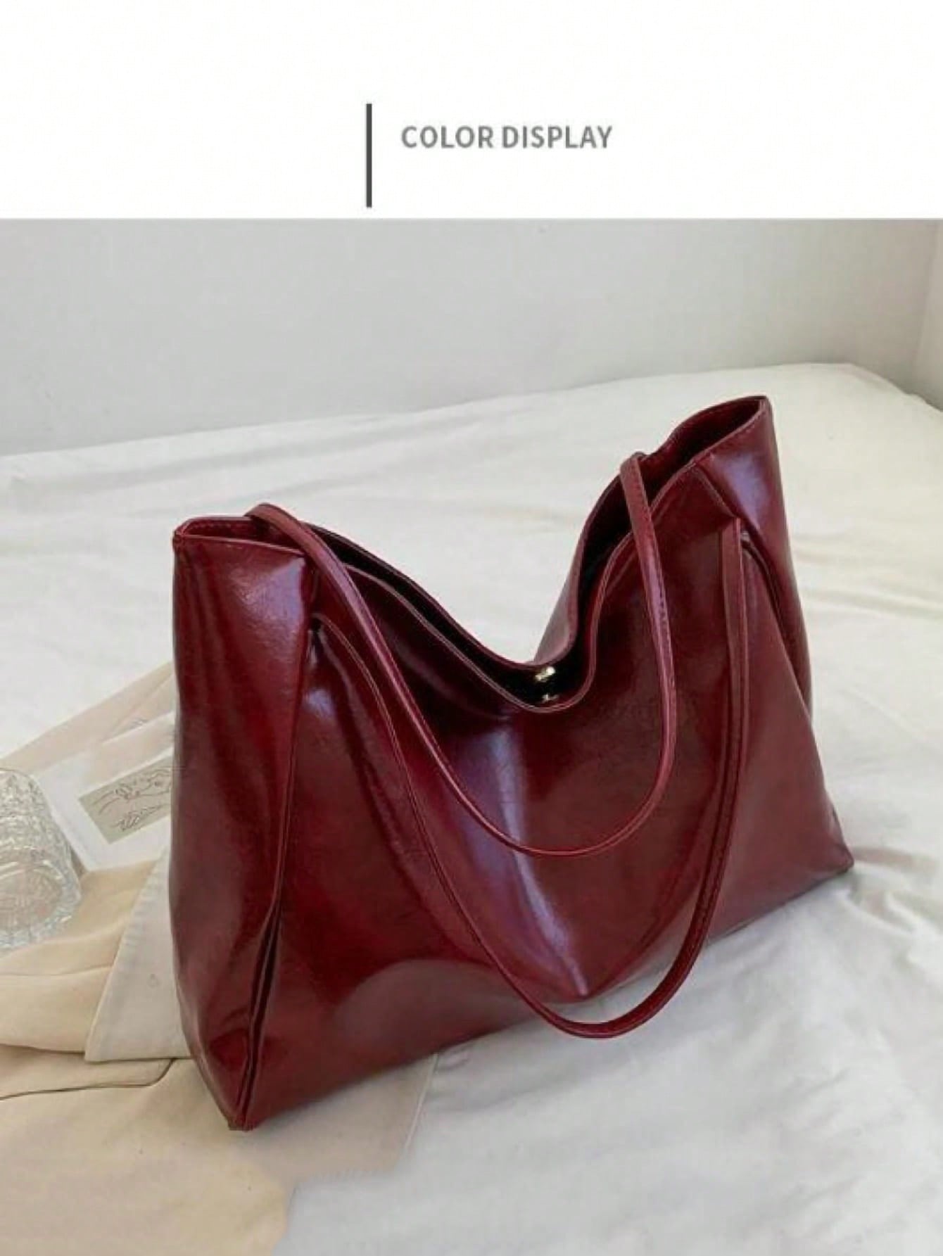 1pc Solid Color Large Capacity Women's Tote Bag Retro Solid Color Tote Bag For Women, Soft PU Leather Shoulder Bag, Trendy Large Capacity Handbag