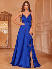 Ruffle Trim Split Thigh Satin Prom Dress