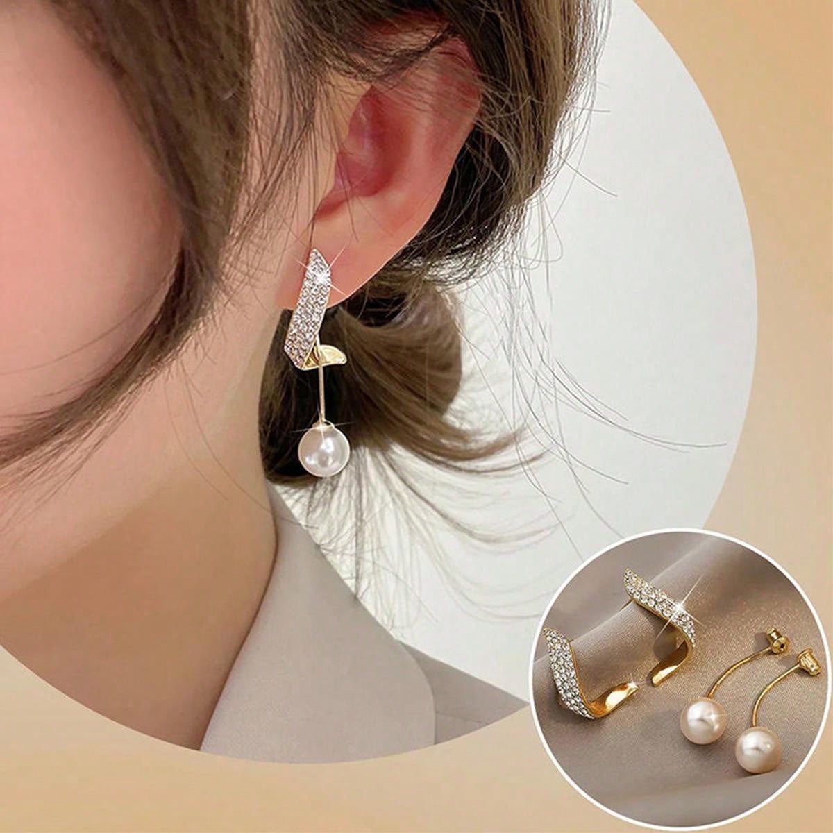 2pcs Elegant Pearl & Rhinestone Inlaid Long Earrings, European And American Fashion, Temperament Earring Accessories Suitable For Women's Daily Wear