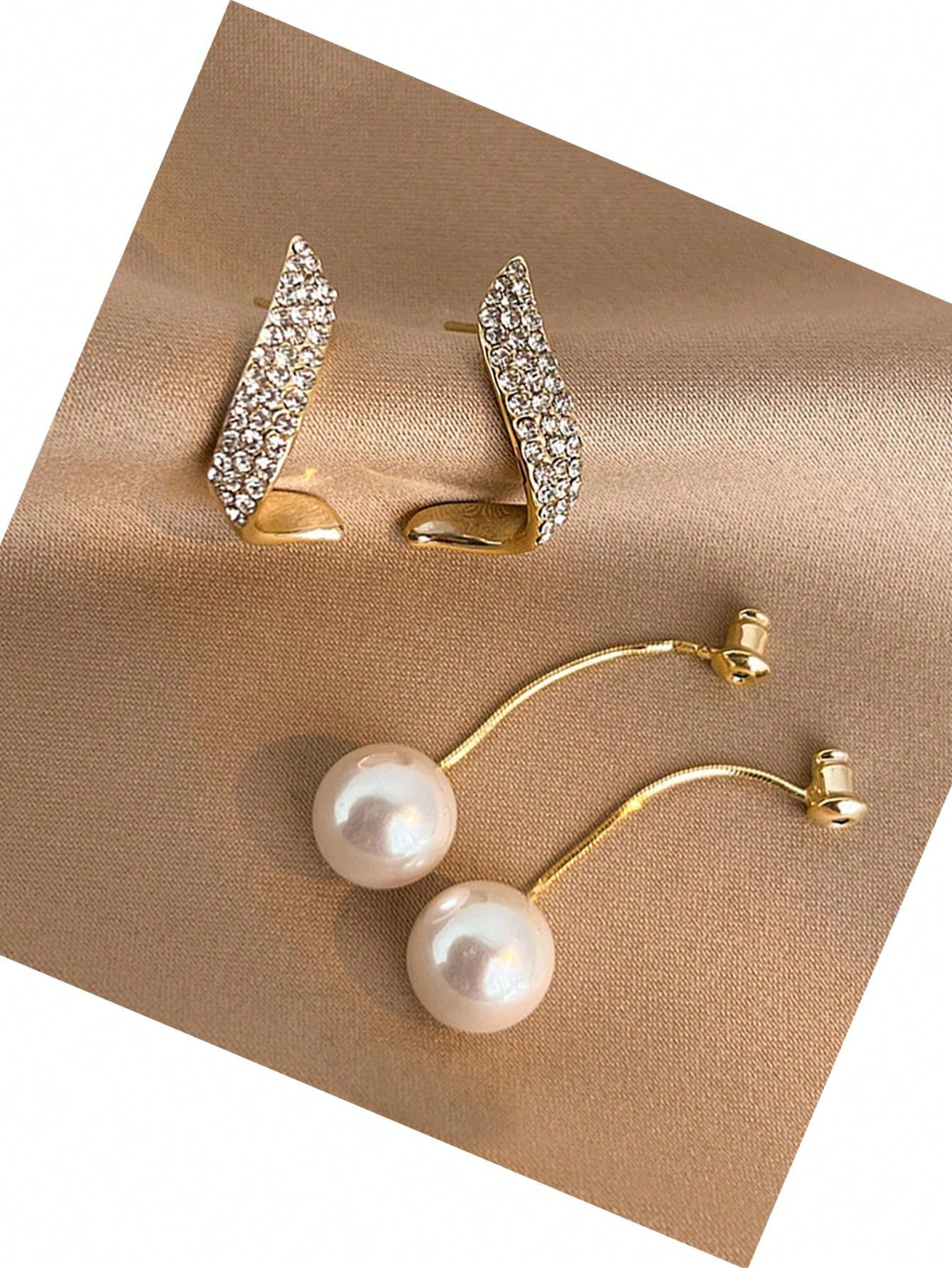 2pcs Elegant Pearl & Rhinestone Inlaid Long Earrings, European And American Fashion, Temperament Earring Accessories Suitable For Women's Daily Wear