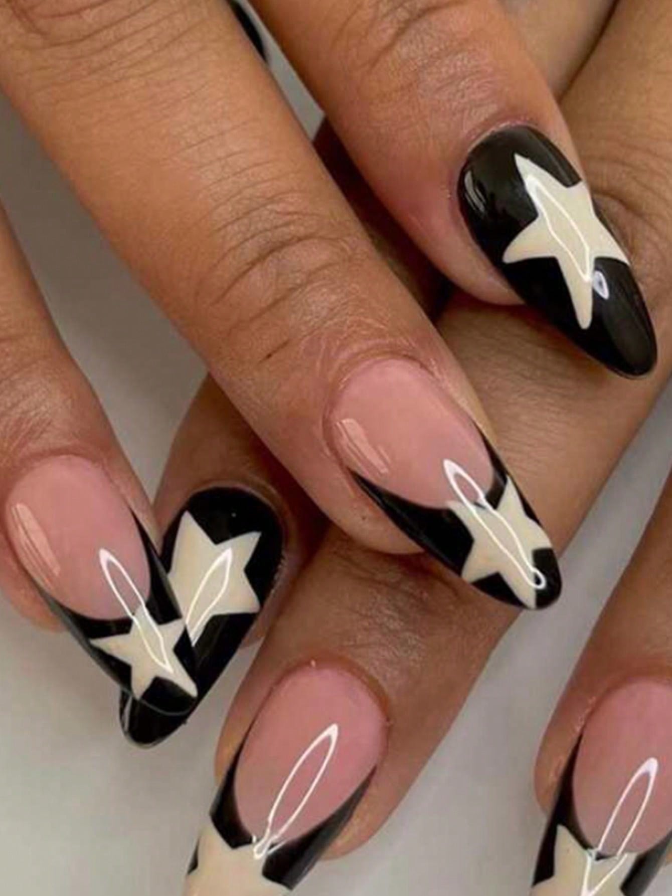 24 Pieces Medium Length Almond Nails Black French Cream White Stars Full Coverage False Nails for Ladies and Girls