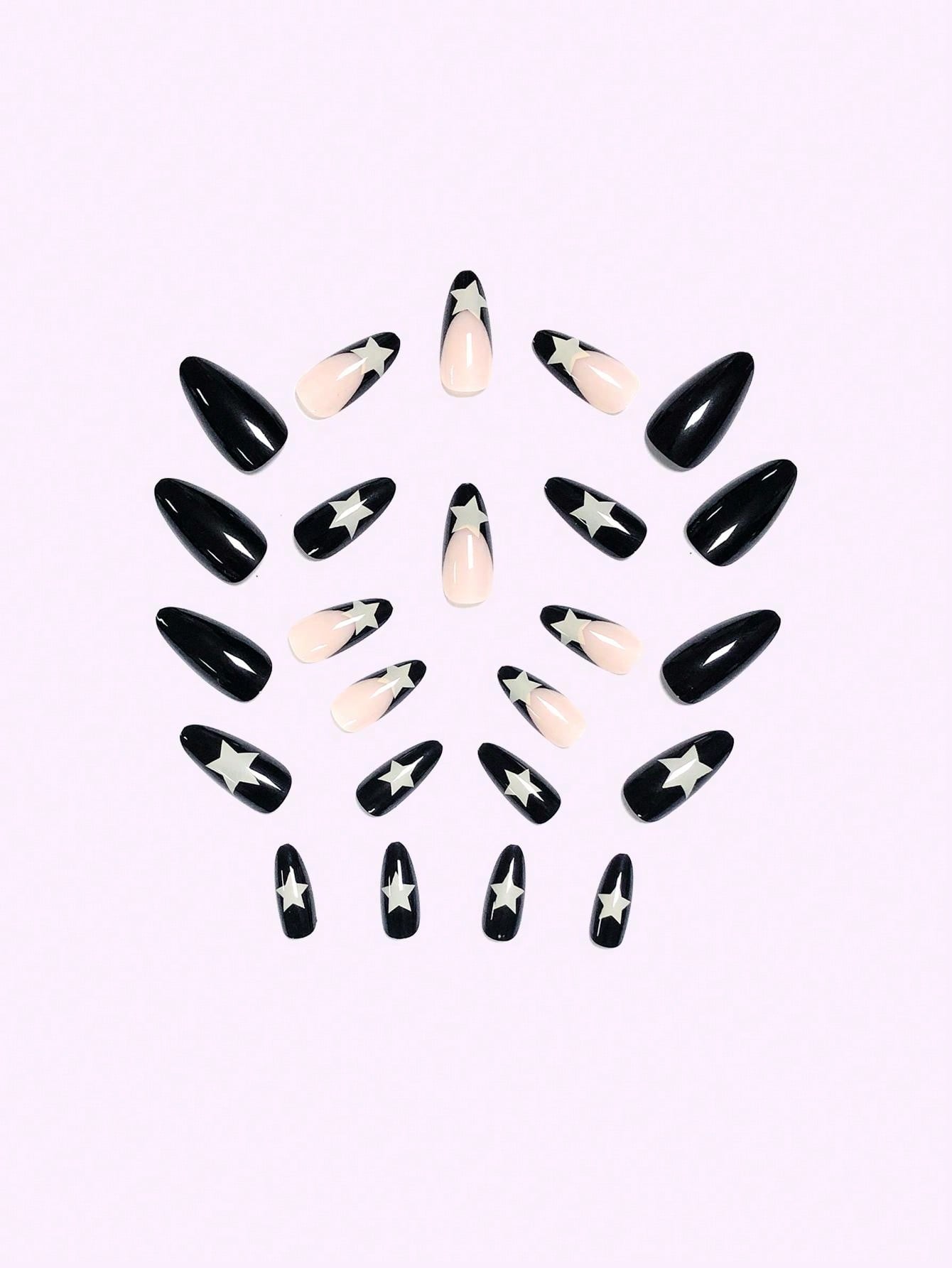 24 Pieces Medium Length Almond Nails Black French Cream White Stars Full Coverage False Nails for Ladies and Girls