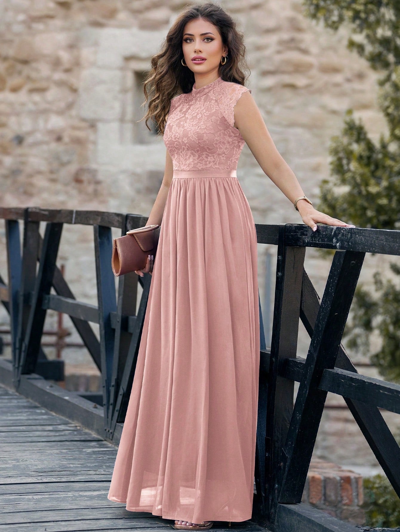 MIUSOL Mock Neck Lace Bodice Zip Back Prom Dress