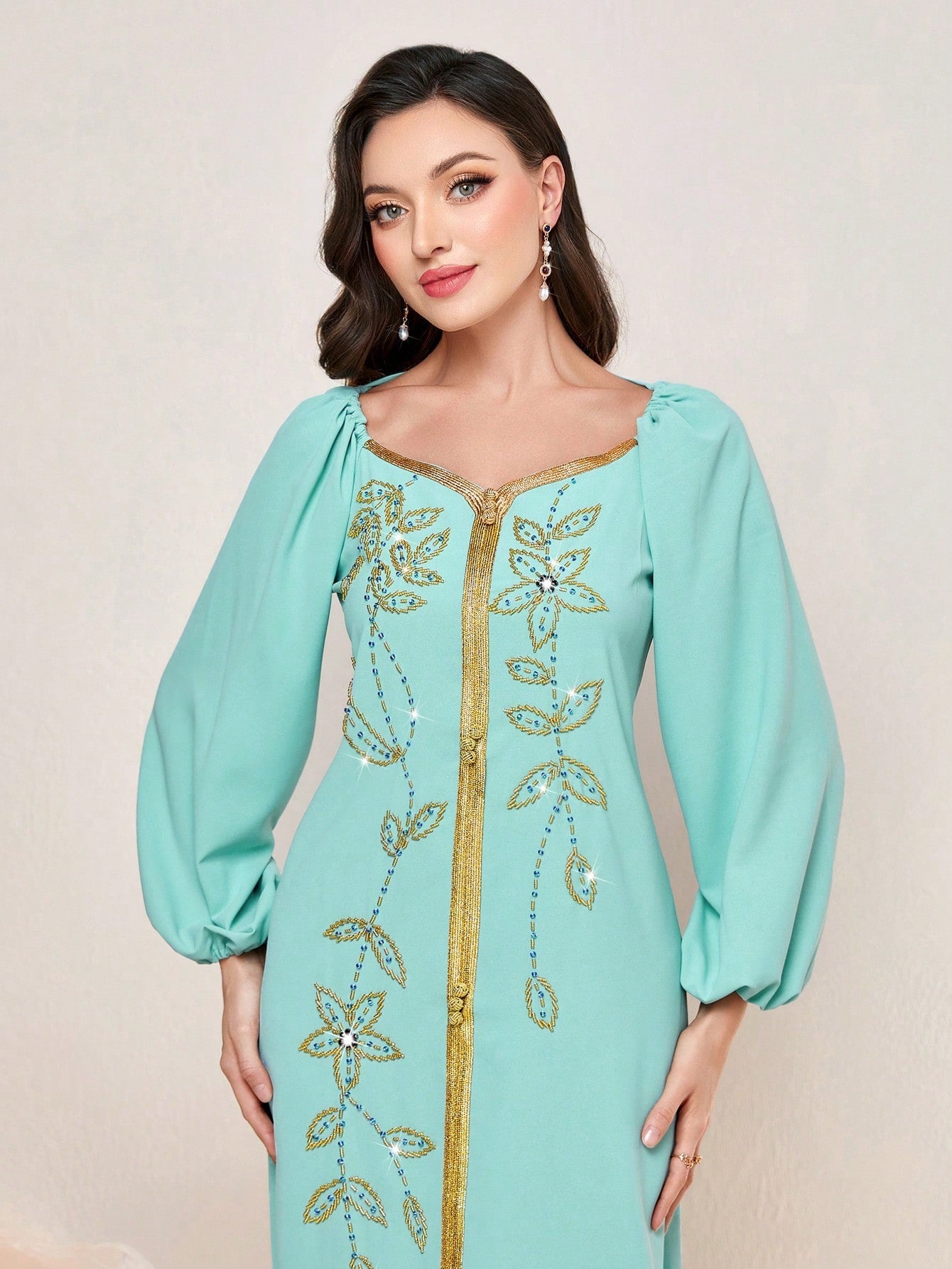 Najma Floral Embroidery Lantern Sleeve Split Hem Kaftan