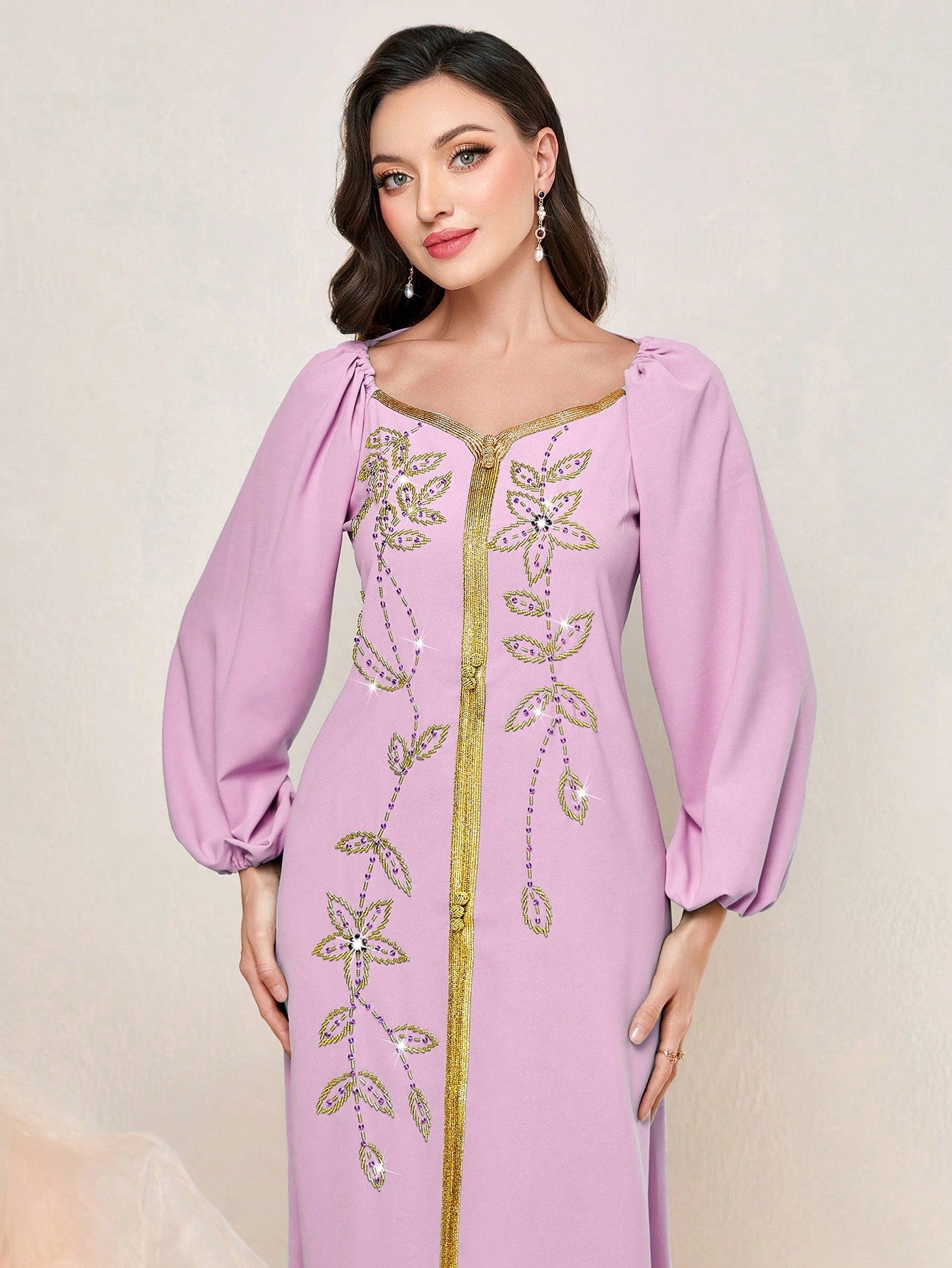 Najma Floral Embroidery Lantern Sleeve Split Hem Kaftan