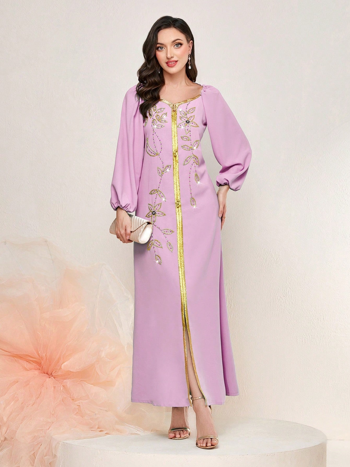 Najma Floral Embroidery Lantern Sleeve Split Hem Kaftan