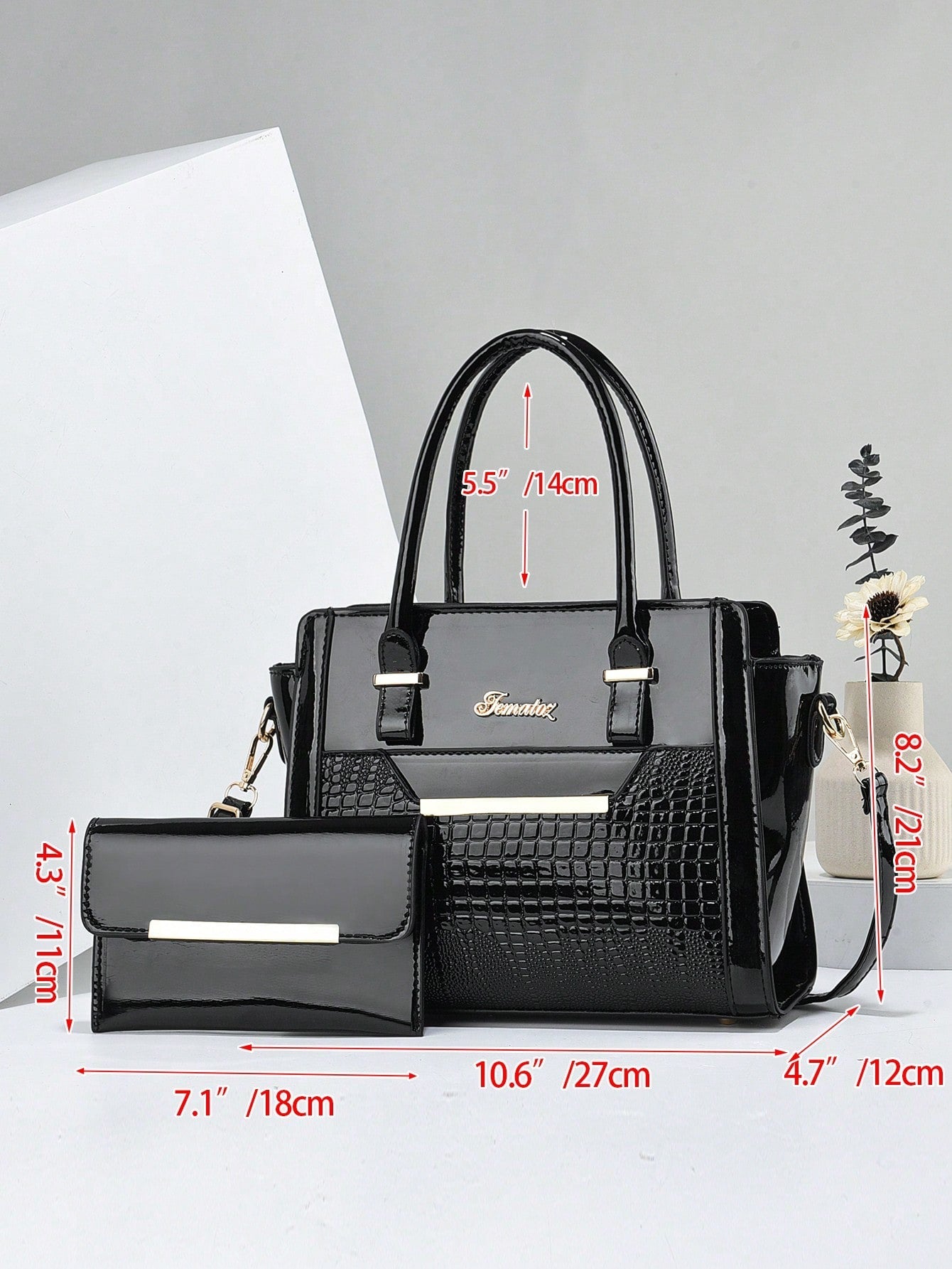 2pcs Black Pu Leather Tote Bags With Alphabet Print, Zipper Closure, Suitable For Women's Birthday Party, Four Seasons, Mother's Day Gift, Autumn/winter New Fashion Korean Style, Holding Business Meetings & Commuting, Crocodile Pattern, European & America