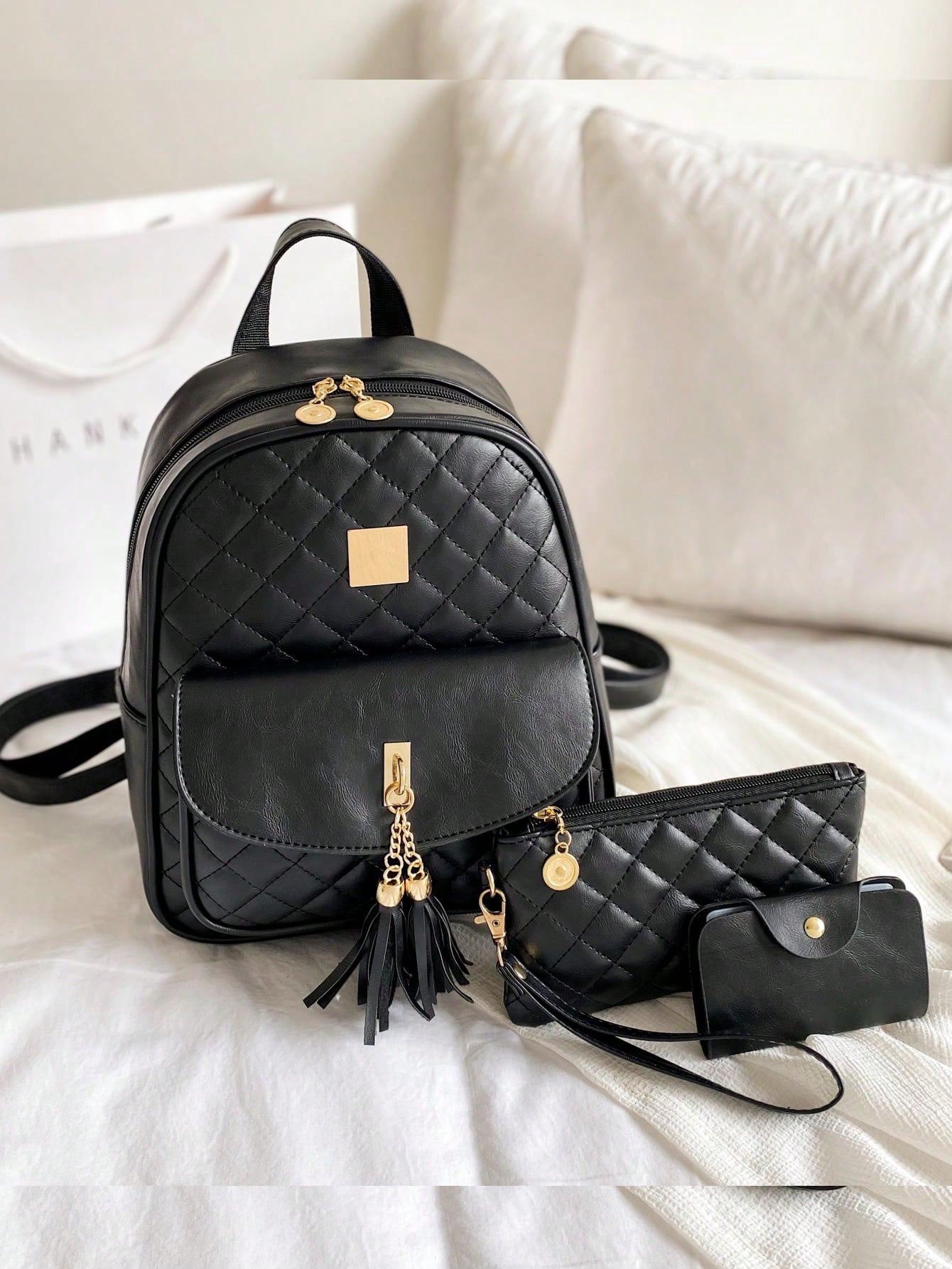 3pcs Tassel Decor Argyle Quilted Classic Backpack Set Checkered Quilted Embroidered Thread Backpack Women's Student backpack