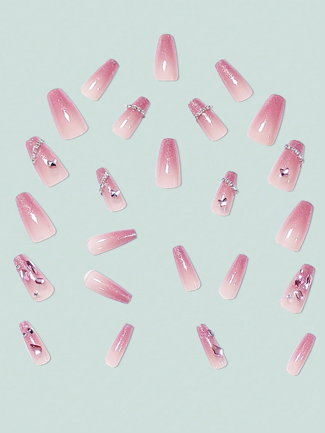 Upgrade Your Appearance With 24pcs Long Ballet Nails In Ice-clear Pink, Glitter, Cute 3d Butterfly, Rhinestone & Chain Design, Full Coverage, Suitable For Women And Girls