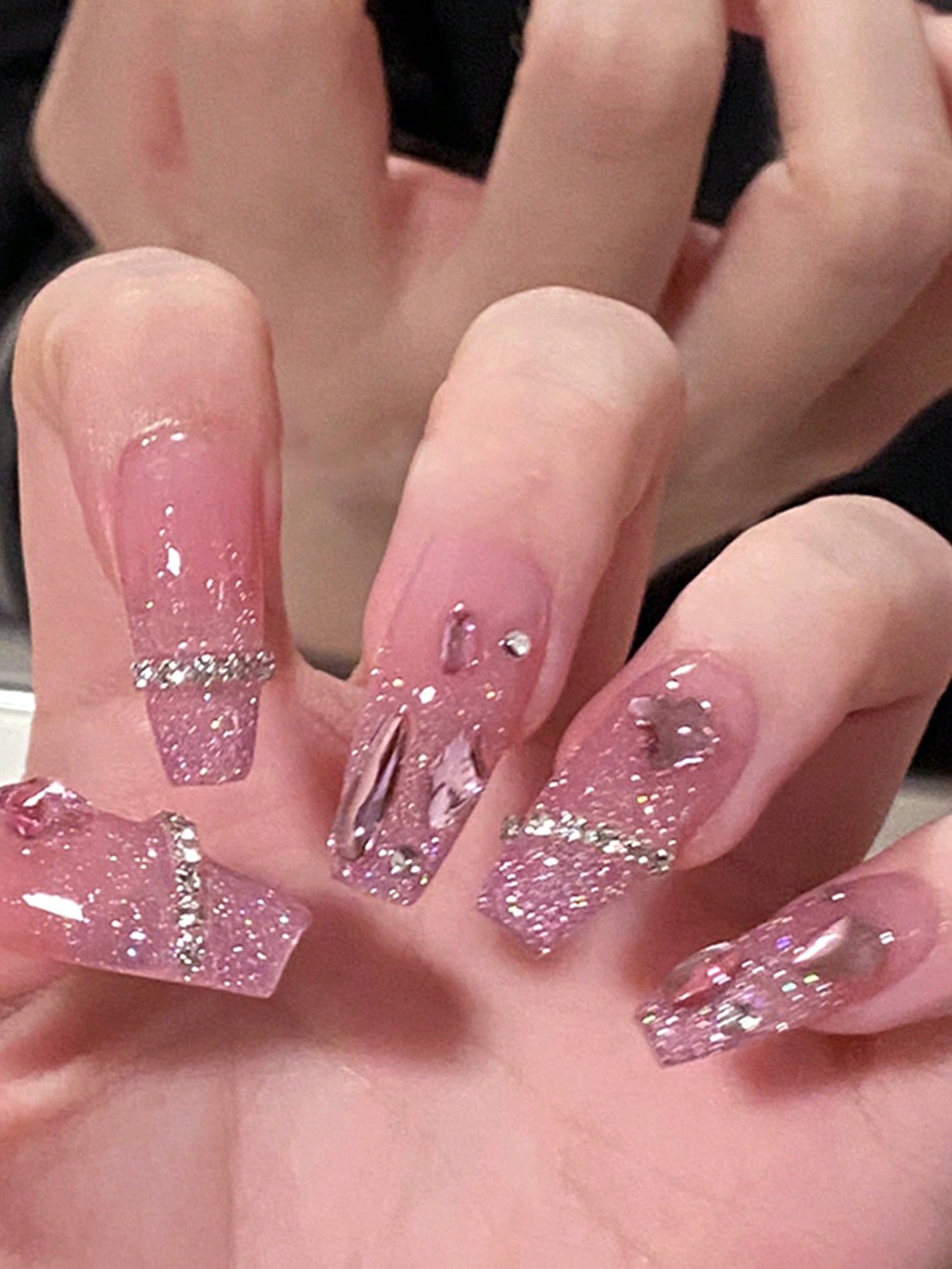 Upgrade Your Appearance With 24pcs Long Ballet Nails In Ice-clear Pink, Glitter, Cute 3d Butterfly, Rhinestone & Chain Design, Full Coverage, Suitable For Women And Girls