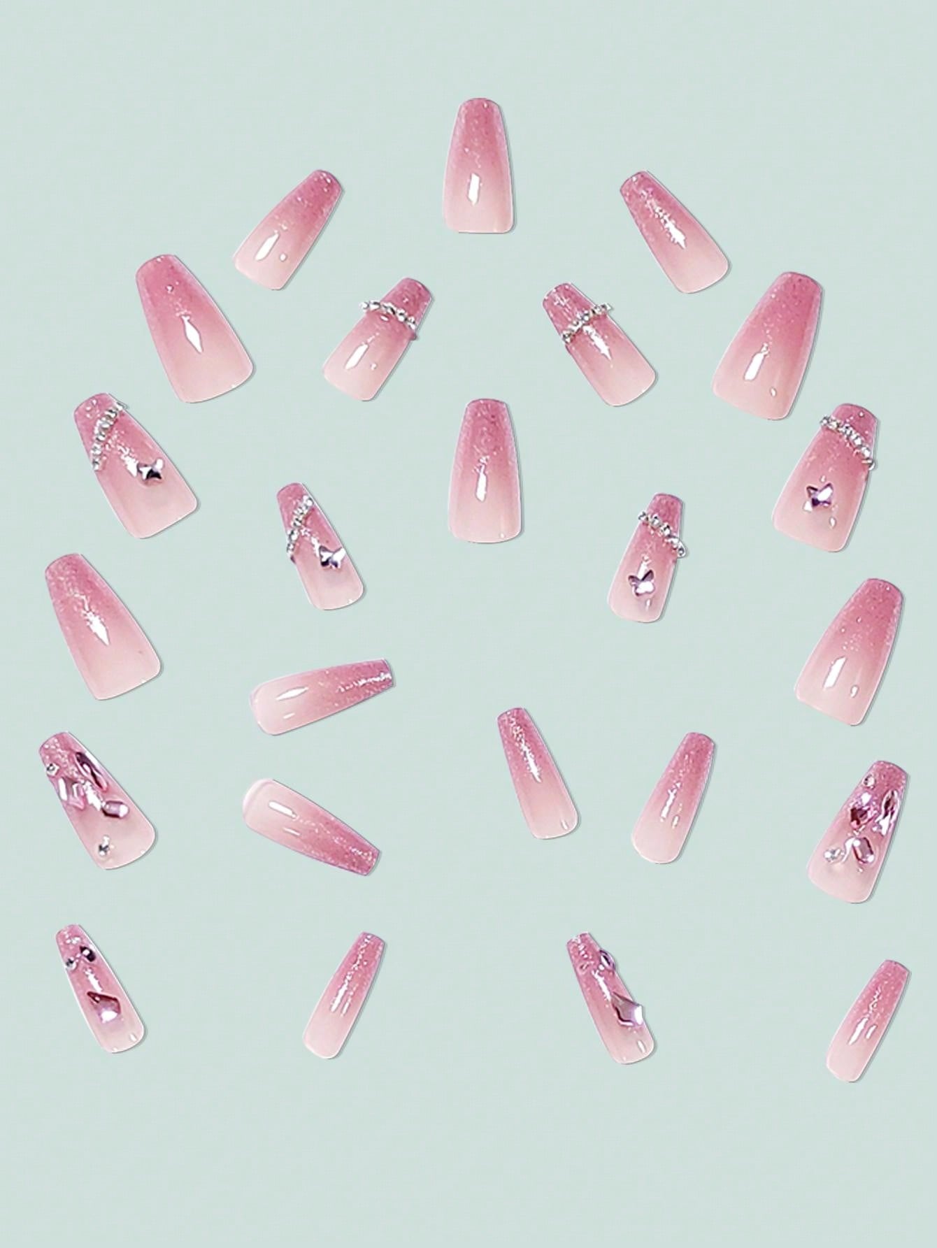 Upgrade Your Appearance With 24pcs Long Ballet Nails In Ice-clear Pink, Glitter, Cute 3d Butterfly, Rhinestone & Chain Design, Full Coverage, Suitable For Women And Girls