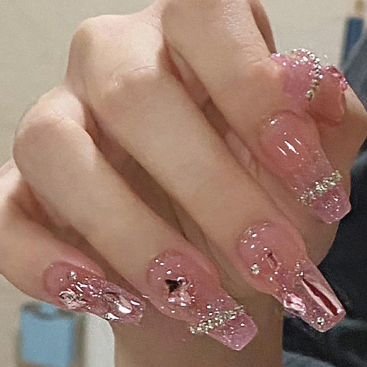 Upgrade Your Appearance With 24pcs Long Ballet Nails In Ice-clear Pink, Glitter, Cute 3d Butterfly, Rhinestone & Chain Design, Full Coverage, Suitable For Women And Girls