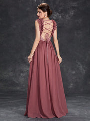 Unity Frill Trim Embroidery Detail Lace-up Backless Chiffon Formal Dress