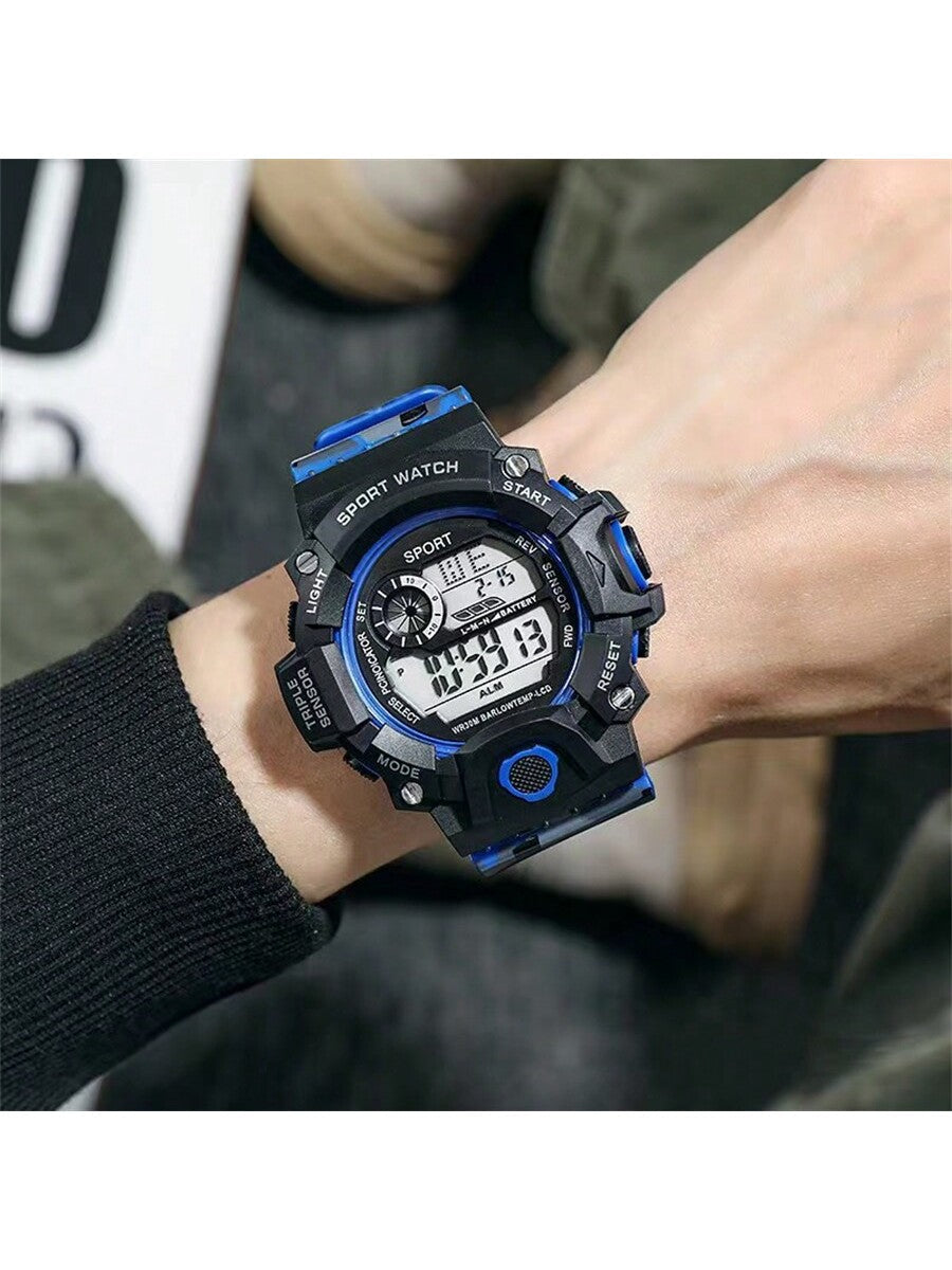 1pc Men's Red Silicone Strap Electronic Watch, Suitable For Daily And Outdoor Sports, With Date, 24h Clock, Stopwatch, Alarm Clock And Multiple Functions