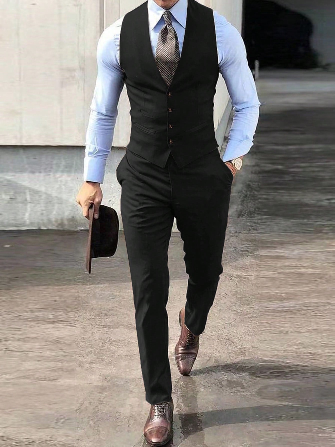 Manfinity Mode Men Adjustable Strap Back Button Up Waistcoat & Suit Pants Without Shirt