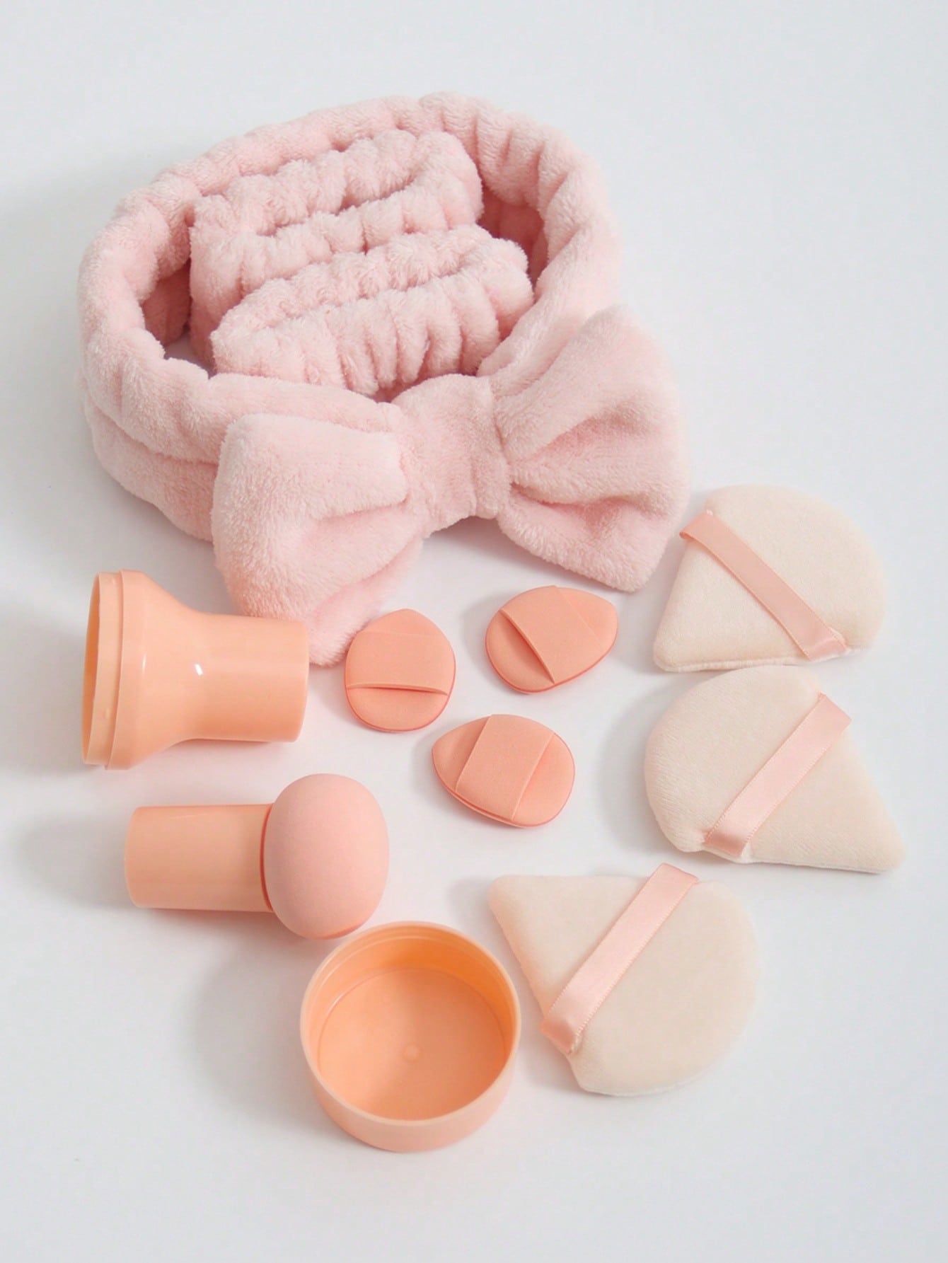 Makeup Sponge Set (10pcs) Includes 3pcs Triangle Loose Powder Puffs, 1pc Bowknot Headband, 2pcs Wristband, 3pcs Mini Air Cushion Puffs And 1pc Mushroom Shaped Blender Sponge. These Multicolor Make-up Sponges Can Be Used With Liquid, Cream And Powder Produ