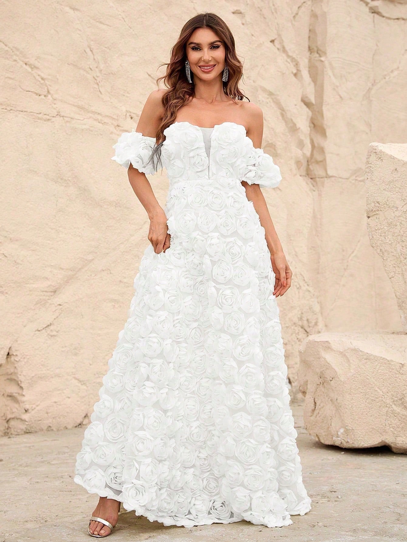 Off Shoulder Mesh Insert Floral Appliques Formal Dress