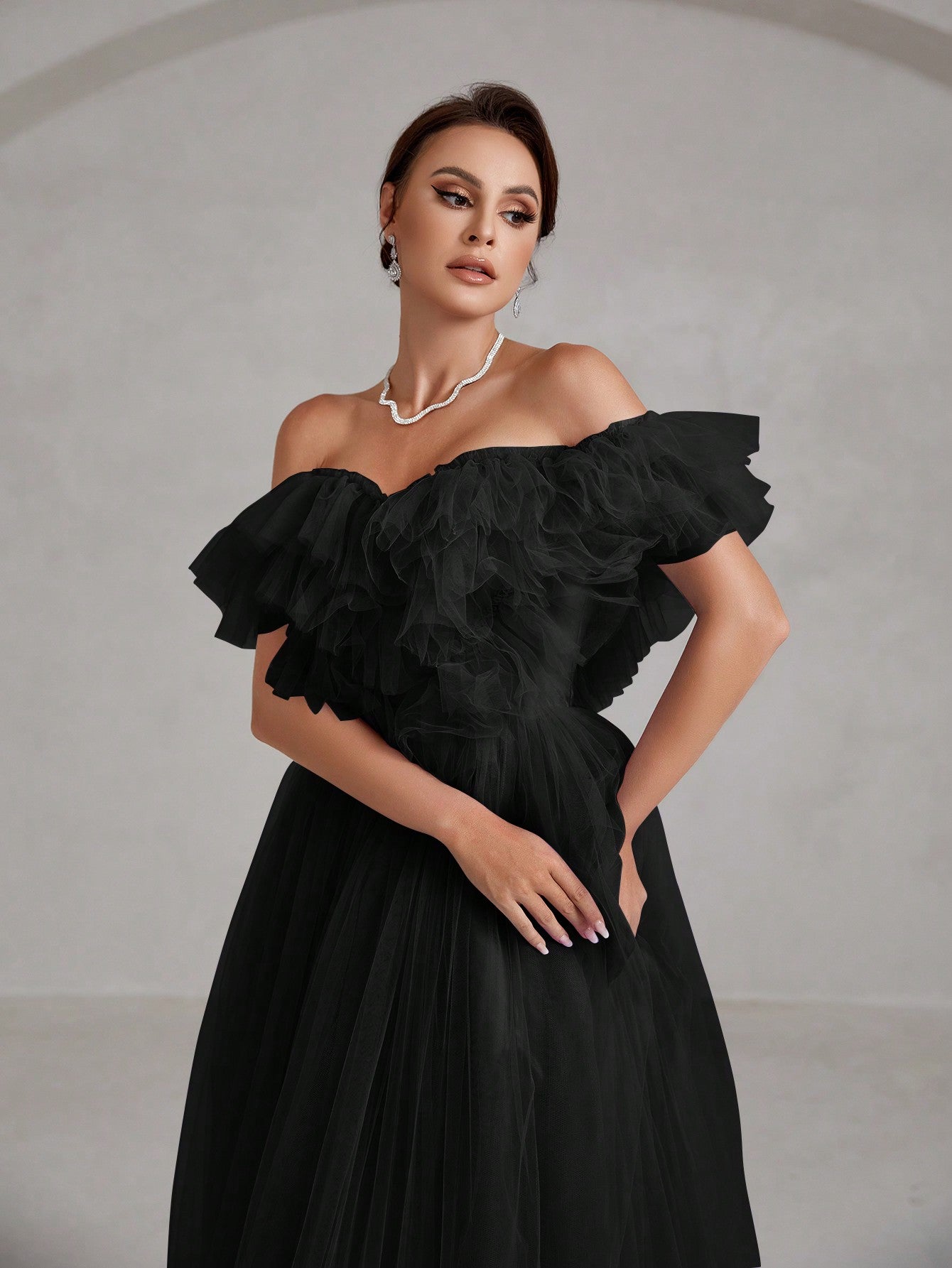 Off Shoulder Ruffle Trim Mesh Dress