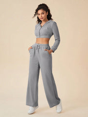 Daily&Casual Solid Hooded Crop Sports Jacket & Drawstring Waist Sweatpants