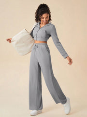 Daily&Casual Solid Hooded Crop Sports Jacket & Drawstring Waist Sweatpants