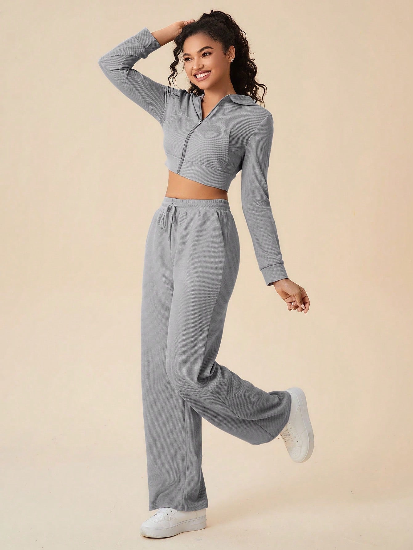 Daily&Casual Solid Hooded Crop Sports Jacket & Drawstring Waist Sweatpants