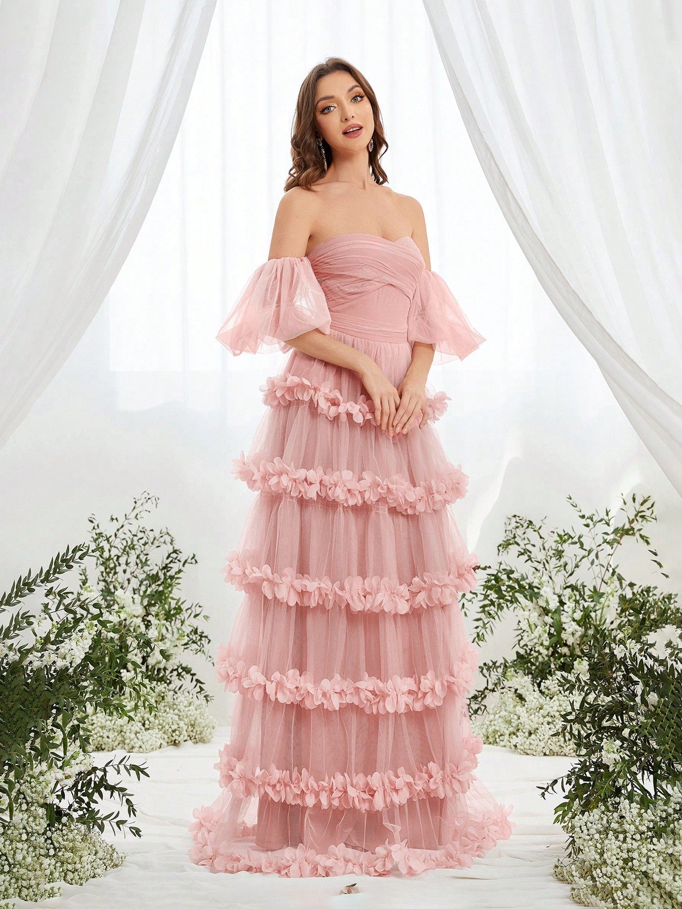 Off Shoulder Flower Patchwork Tulle Dress For Special Occasions