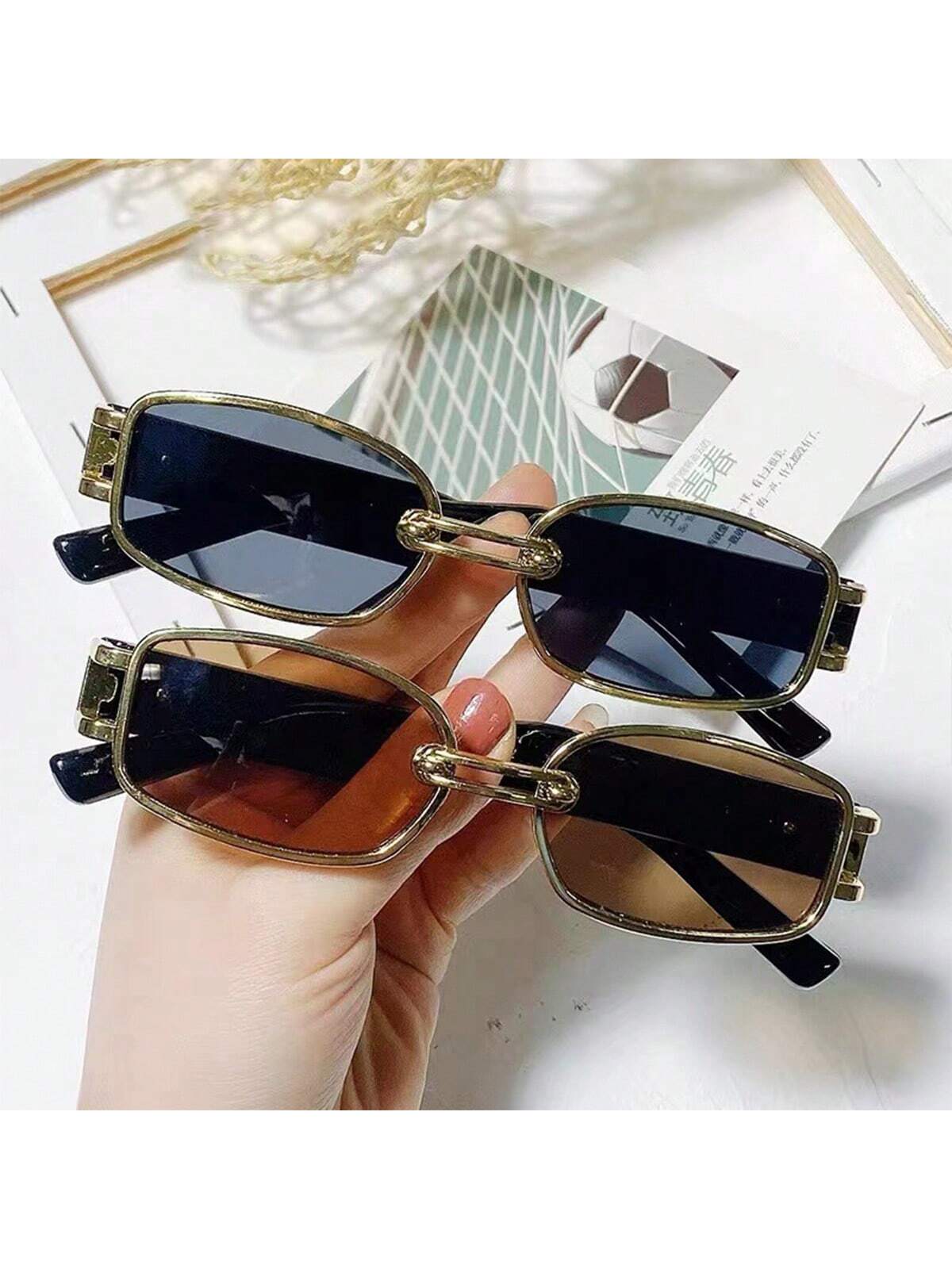 1pc Unisex Sunglasses, Fashionable Metal Ring Square Frame Street Style Shades For Men & Women