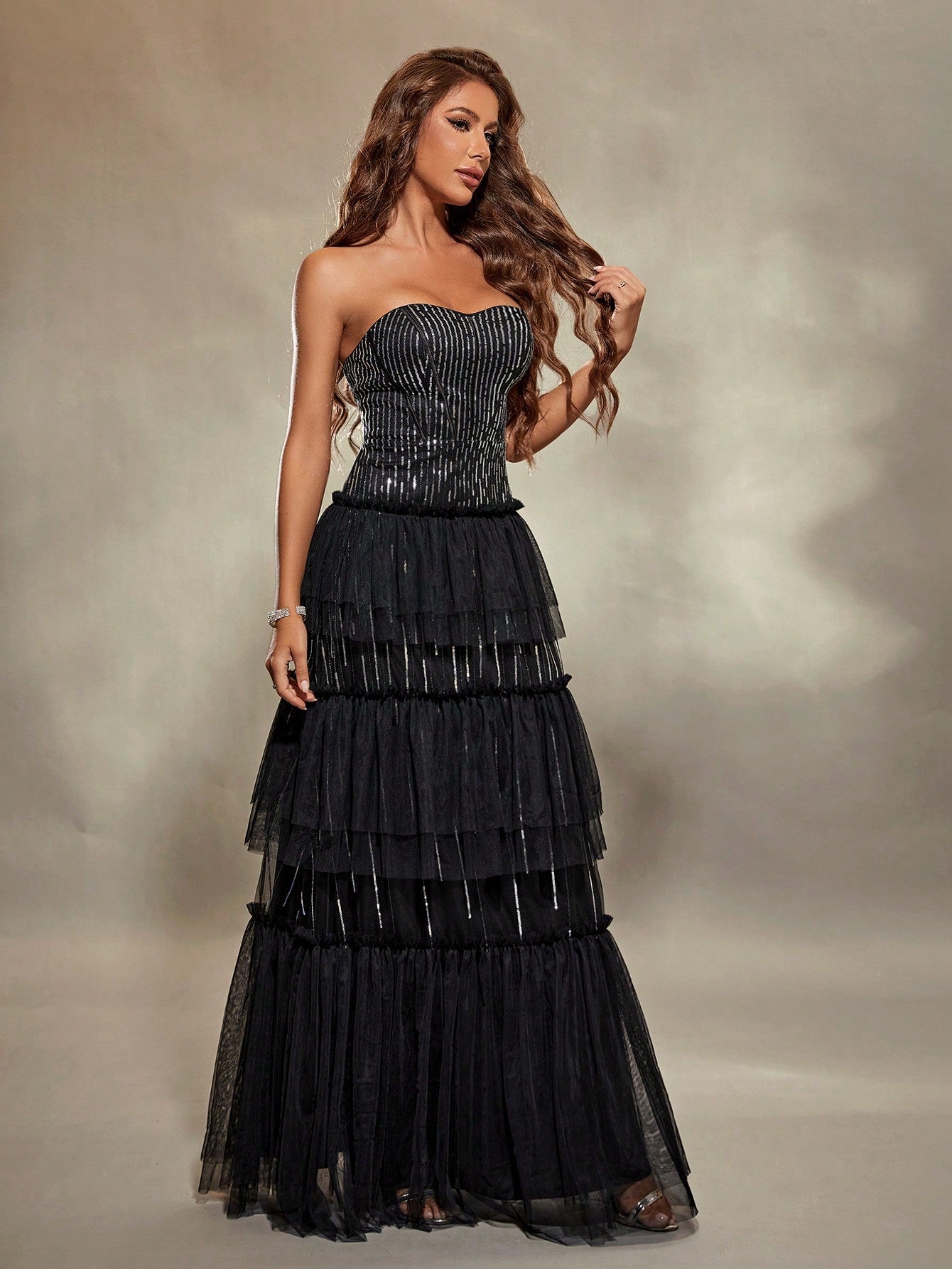 Unity Women'S Strapless Black Striped Glitter Tulle A-Line Dress With Ruffled Layers