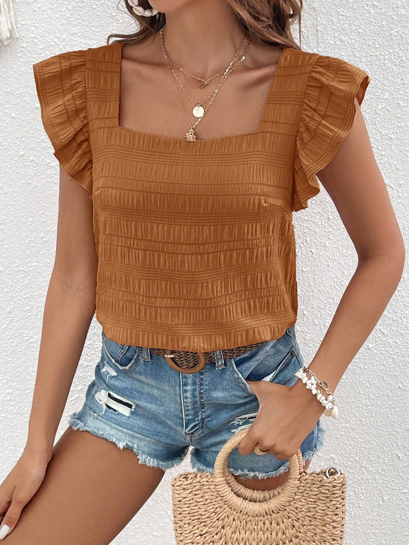 VCAY Solid Puff Sleeve Ruffle Trim Blouse Square Neck Top