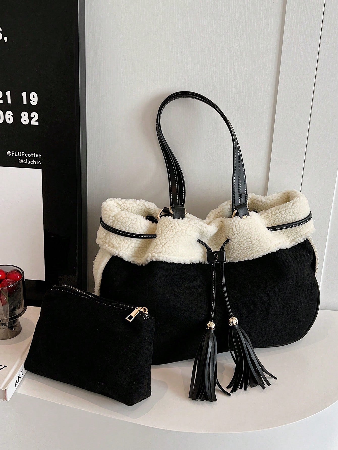 2Pcs/Set Minimalist And Versatile Plush Trim Shoulder Tote Bag With Clutch Purse,  Fluffy Shoulder Bag Large Lamb Wool Shopping Bag, Large Capacity Crossbody Shoulder Bag, Cute Travel Storage Pouch Satchel Purse For Women Autumn And Winter