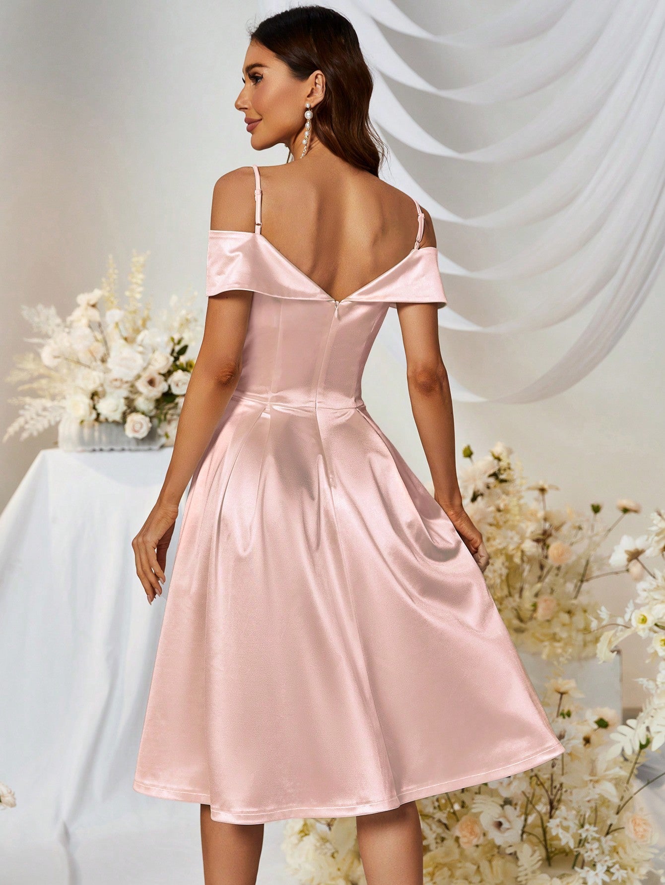 MUXXN Vintage 1950's Cold Shoulder Satin A-line Bridesmaid Dress