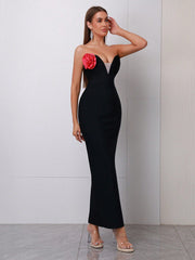 Modphy New Women's Black Sexy Backless Strapless Deep V-neck Floral Applique Party Prom Dress