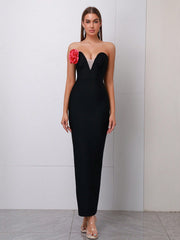 Modphy New Women's Black Sexy Backless Strapless Deep V-neck Floral Applique Party Prom Dress