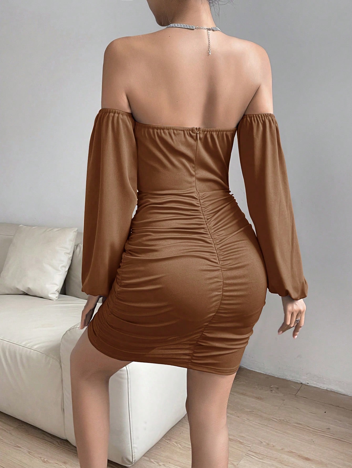 BAE Solid Color Off Shoulder Lantern Sleeve Fitted Pleated Dress