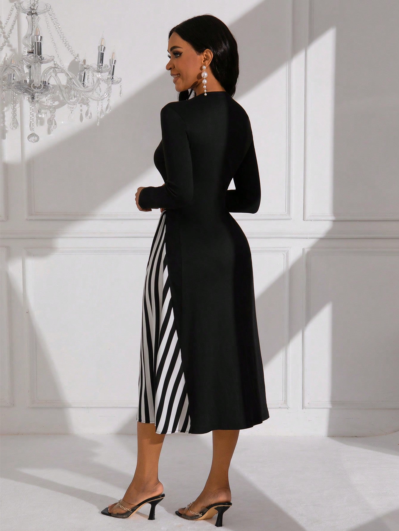 Lady Striped Pattern Long Sleeve Belted Dress (Belt Not Included)