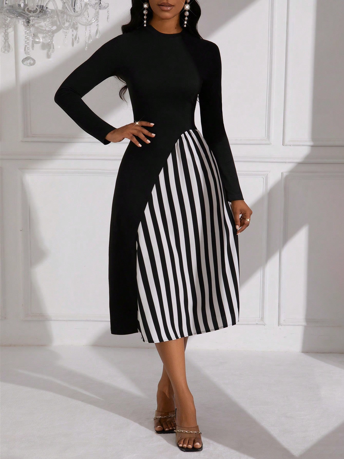 Lady Striped Pattern Long Sleeve Belted Dress (Belt Not Included)