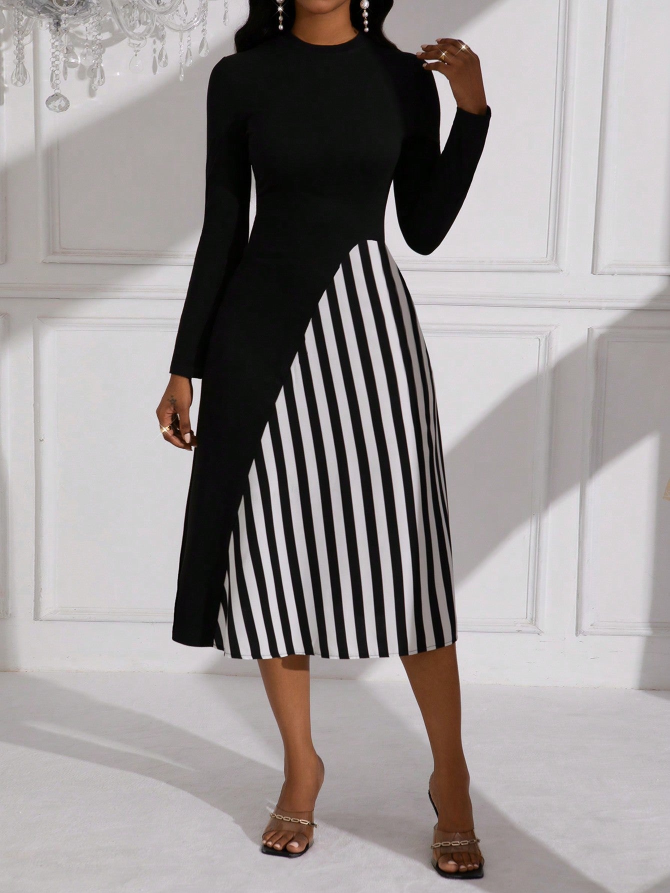 Lady Striped Pattern Long Sleeve Belted Dress (Belt Not Included)