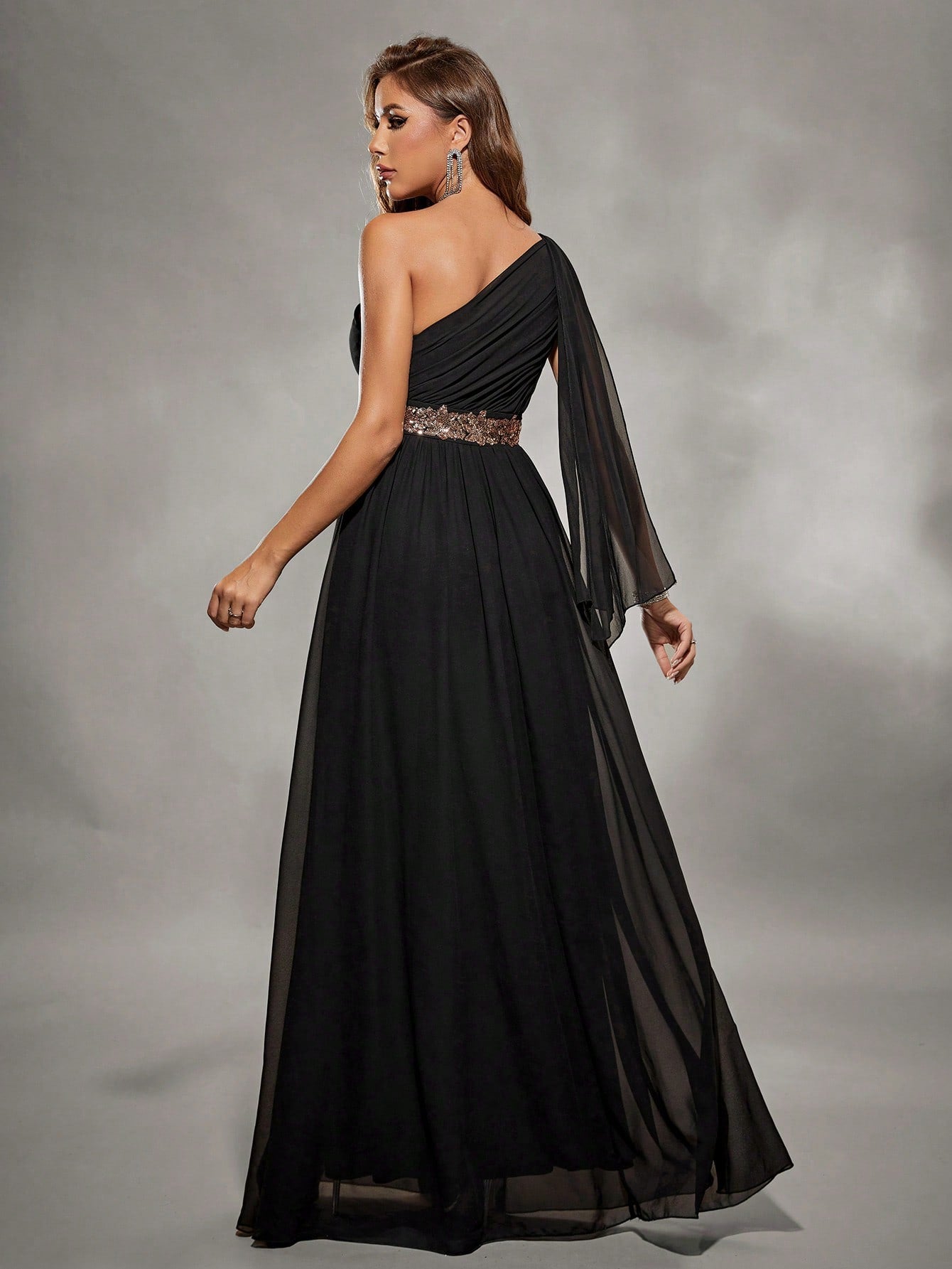 Unity Asymmetric Shoulder Pleated Chiffon & Sequin Patchwork Belted Maxi Dress With Floral Detail