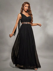 Unity Asymmetric Shoulder Pleated Chiffon & Sequin Patchwork Belted Maxi Dress With Floral Detail