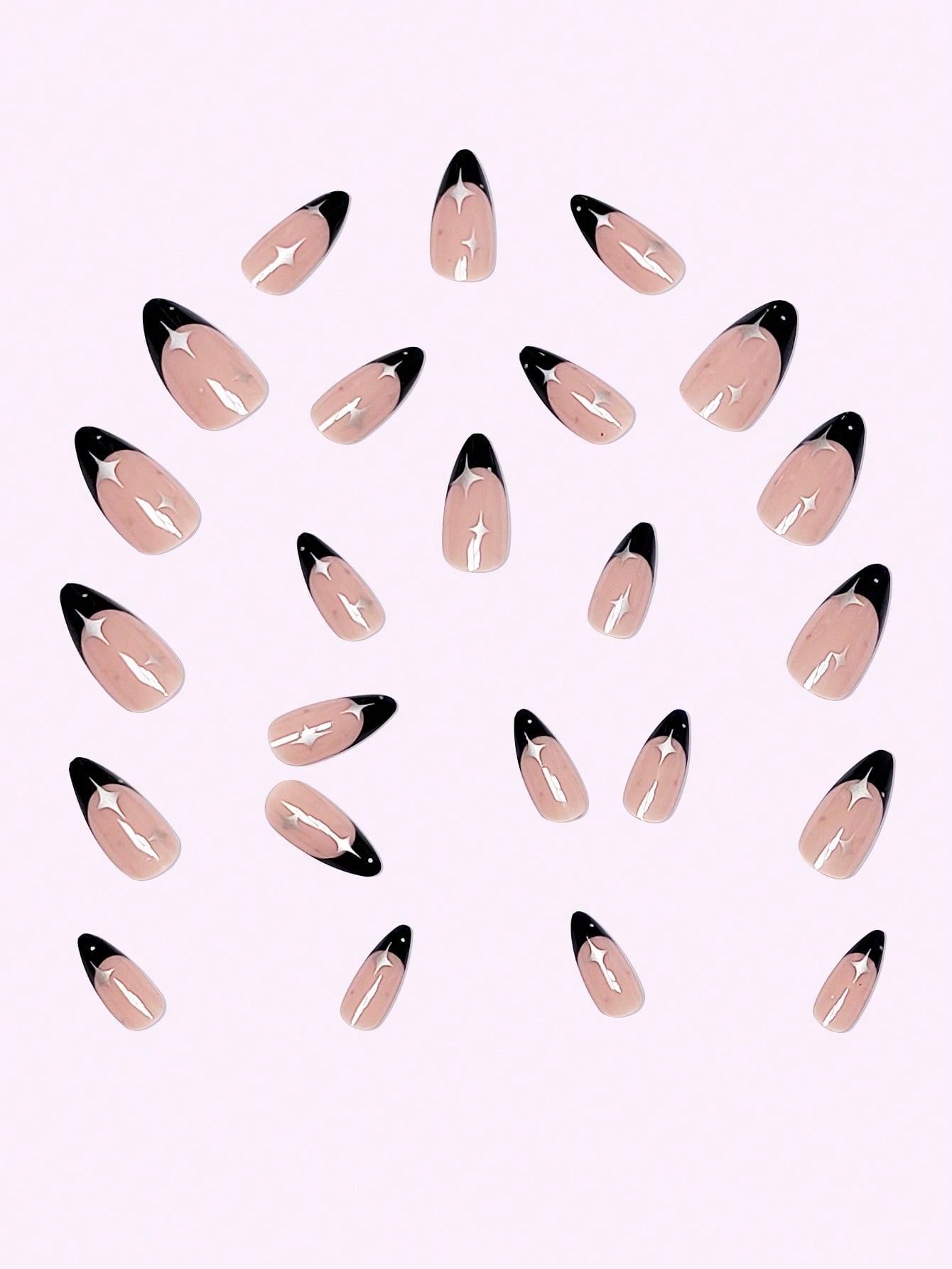 24 Pieces Medium Length Almond Nails Black French Cream White Stars Full Coverage False Nails for Ladies and Girls