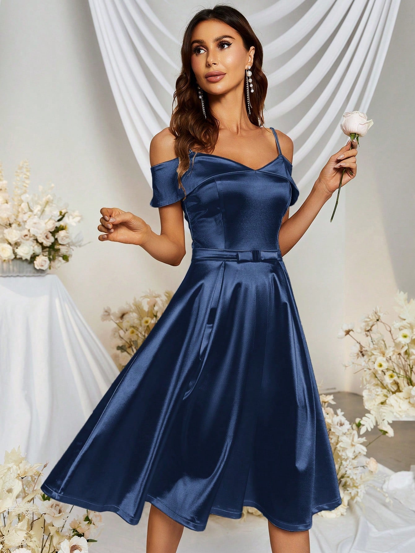 MUXXN Vintage 1950's Cold Shoulder Satin A-line Bridesmaid Dress