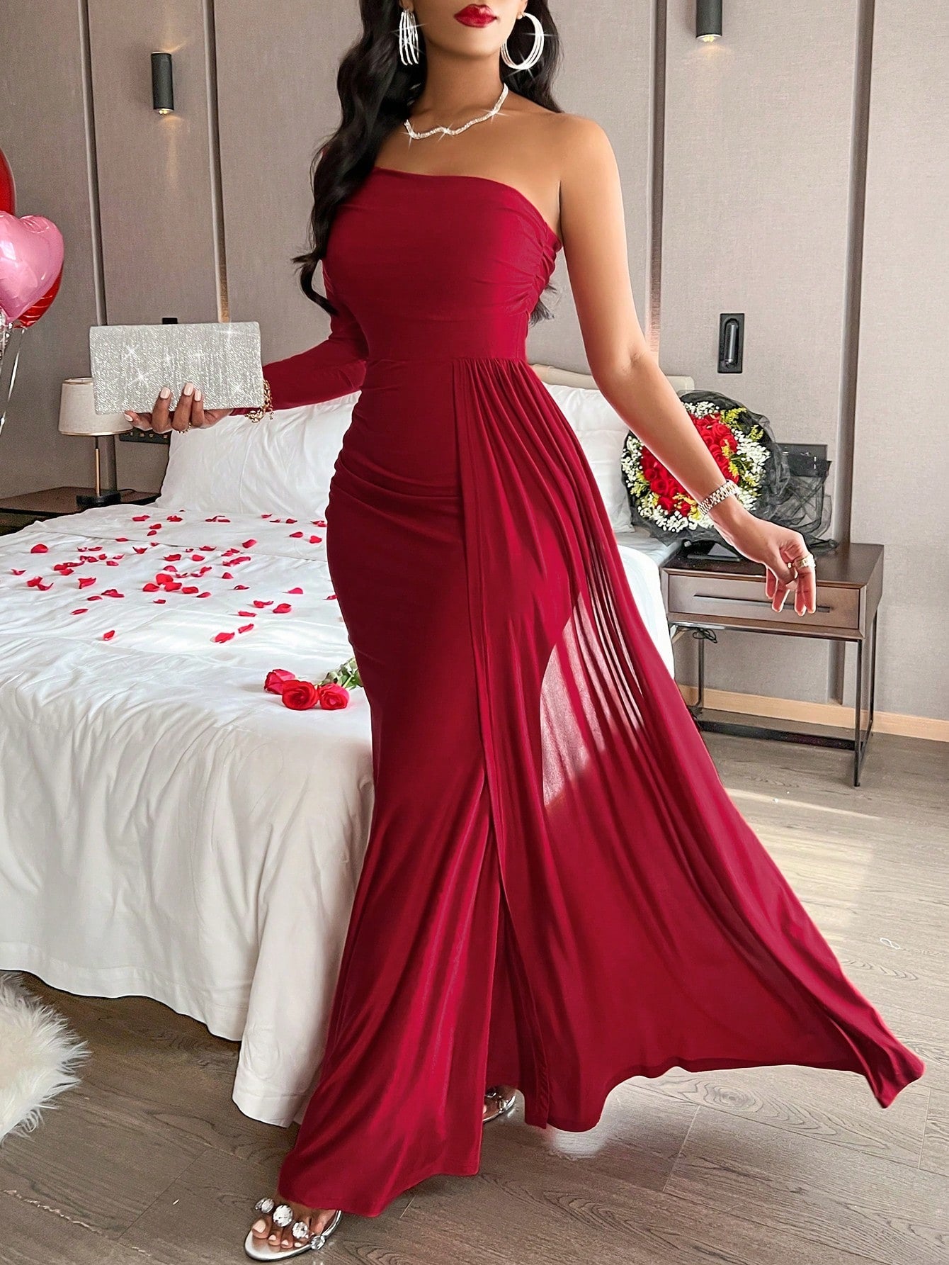 Oblique Shoulder Elegant Long Sleeve Dress